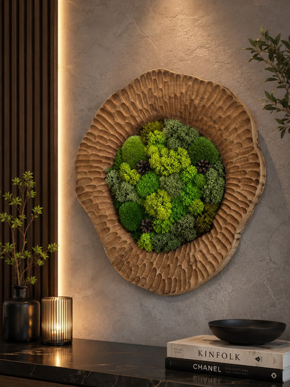 Round Preserved Moss Wall Art – Hand-Carved Walnut Frame, 60 cm