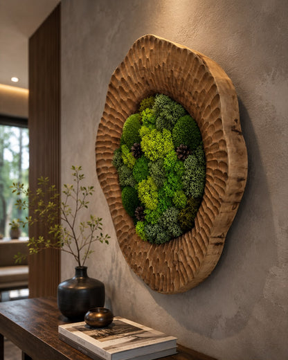 Round Preserved Moss Wall Art – Hand-Carved Walnut Frame, 60 cm