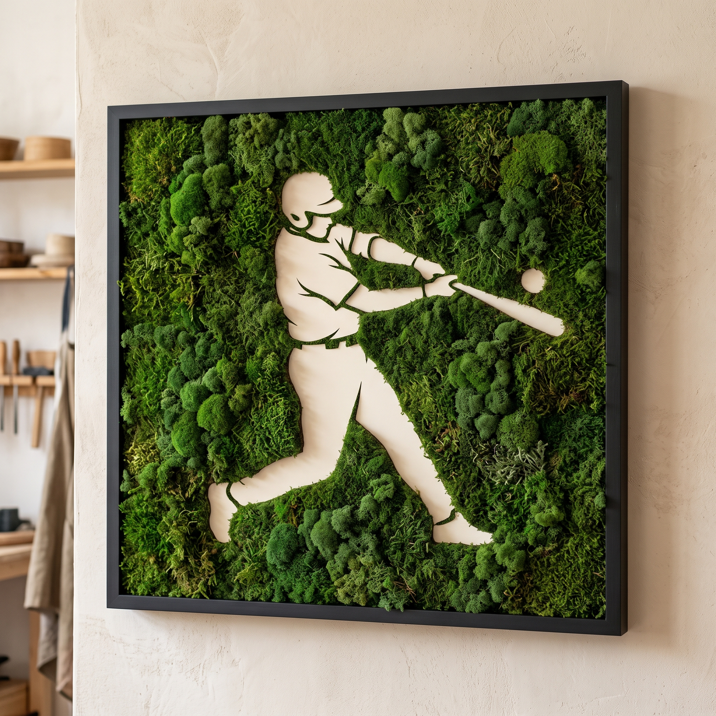 Baseball Moss Wall Art – Handmade Preserved Moss Panel, Player Silhouette