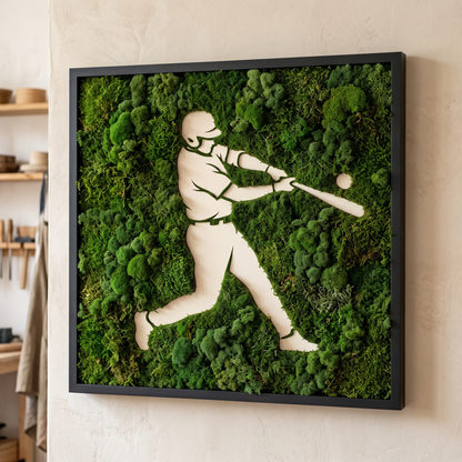 Baseball Moss Wall Art – Handmade Preserved Moss Panel, Player Silhouette
