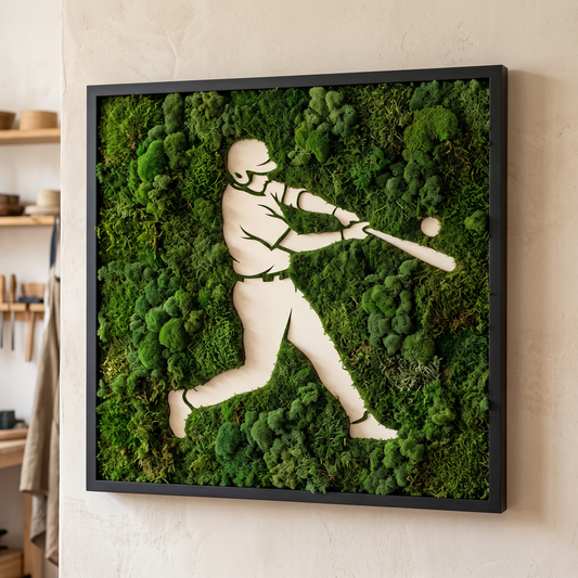 Baseball Moss Wall Art – Handmade Preserved Moss Panel, Player Silhouette