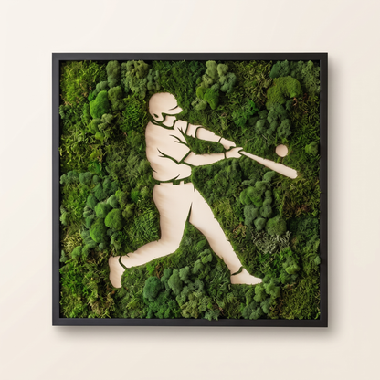 Baseball Moss Wall Art – Handmade Preserved Moss Panel, Player Silhouette