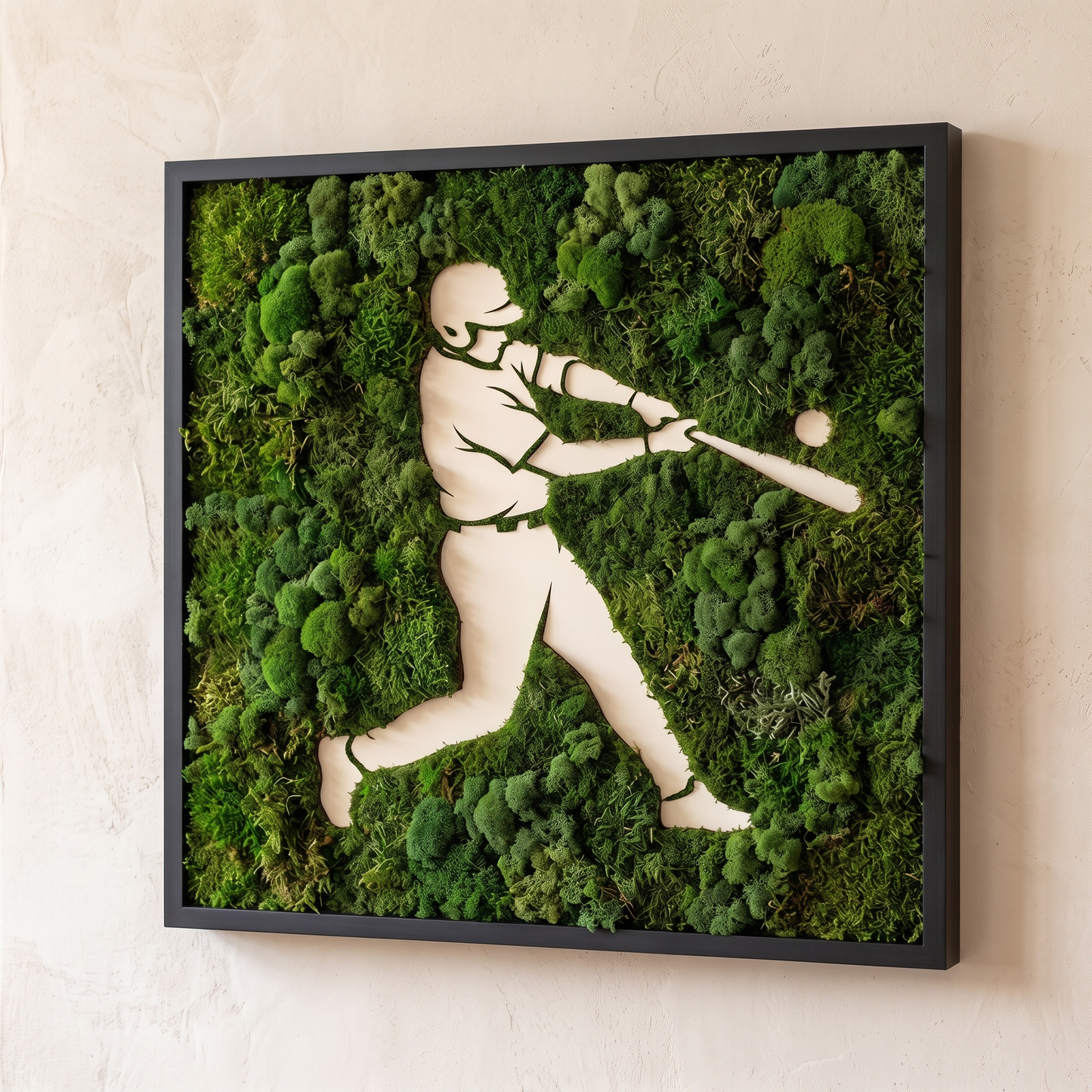 Baseball Moss Wall Art – Handmade Preserved Moss Panel, Player Silhouette