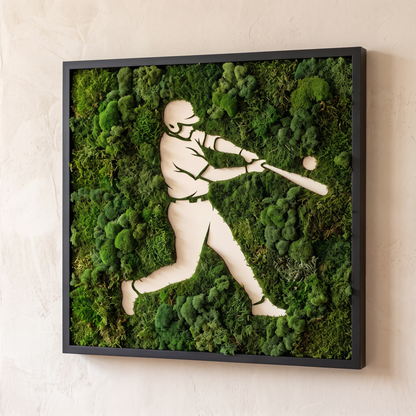 Baseball Moss Wall Art – Handmade Preserved Moss Panel, Player Silhouette