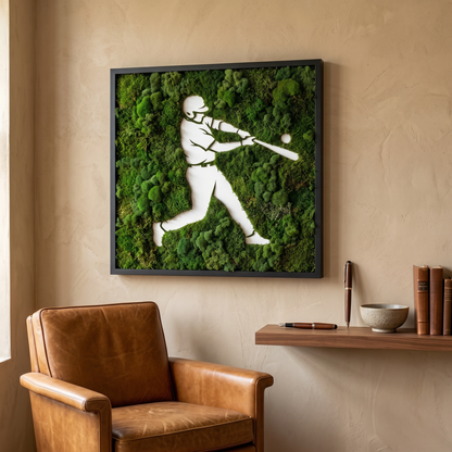 Baseball Moss Wall Art – Handmade Preserved Moss Panel, Player Silhouette
