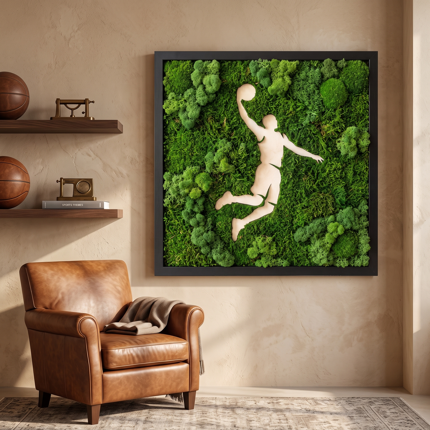 Basketball Moss Wall Art – Handmade Preserved Moss Panel, Dunk Silhouette