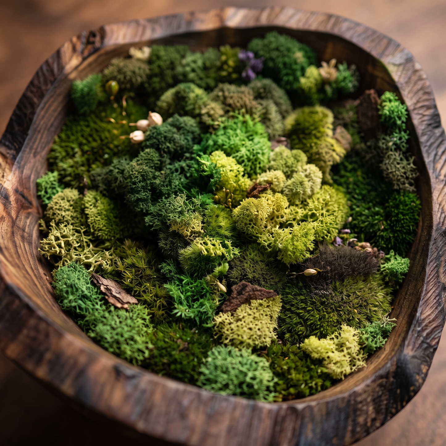 Round Preserved Moss Wall Art – Hand-Carved Walnut Frame, 60 cm