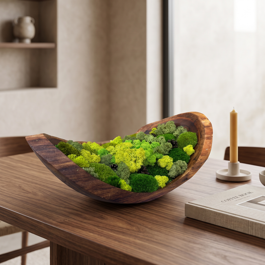 Hand-Carved Walnut Moss Bowl – Preserved Moss Centerpiece, Live Edge